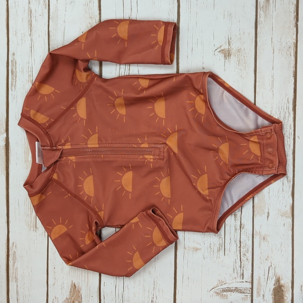 Kids Rust Orange Sun Print One-Piece Swimsuit - Long Sleeve